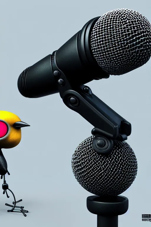 Image similar to high quality 3 d render shure 5 5 s microphone next to very cute cyborg crow!, cyberpunk highly detailed, unreal engine cinematic smooth, in the style of blade runner & detective pikachu, hannah yata charlie immer, moody light, low angle, uhd 8 k, sharp focus