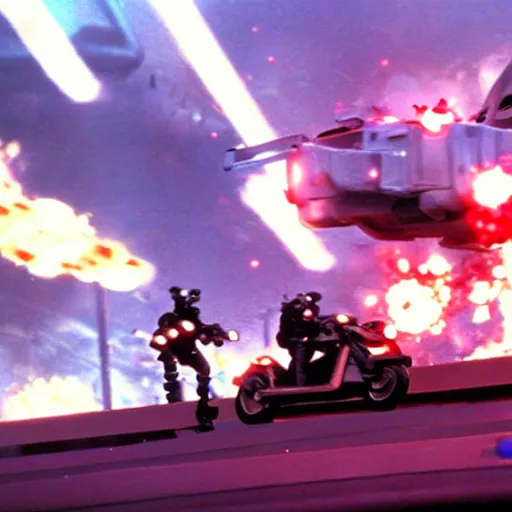 Image similar to film still from the 'Future Force' (1995). Exciting futuristic action scene with explosions and a motorcycle jumping a bridge. Sigma 85mm f/2.4