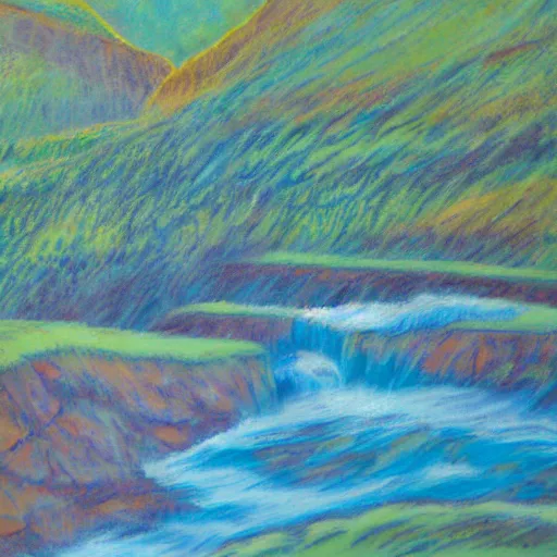 Image similar to landscape meadow flowing into grand canyon, pastel artwork