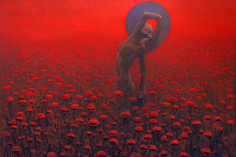 Image similar to only with red, red flowers of different types, a red tiger, a castle in the background, medieval demons dance over the flowers, an ancient path, in the style of beksinski, part by hopper, part by rodcenko, part by hofbauer, intricate composition, red by caravaggio, insanely quality, highly detailed, masterpiece, red light, artstation