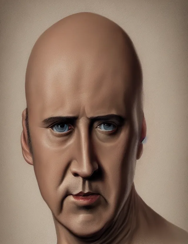 Image similar to portrait of bald nicolas cage neutral expression face straight on headshot even lighting no hair, trending on artstation
