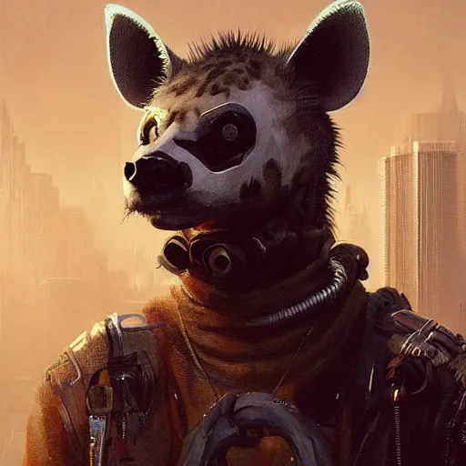 Image similar to new york city portrait of furry anthro anthropomorphic spotted hyena head animal person fursona wearing clothes strange cybernetic muzzle gloomy rainy screenshot from the video game cyberpunk 2077 digital art by Greg Rutkowski, Simon Stalenhag, christopher nolan trending on Artstation, CGSociety