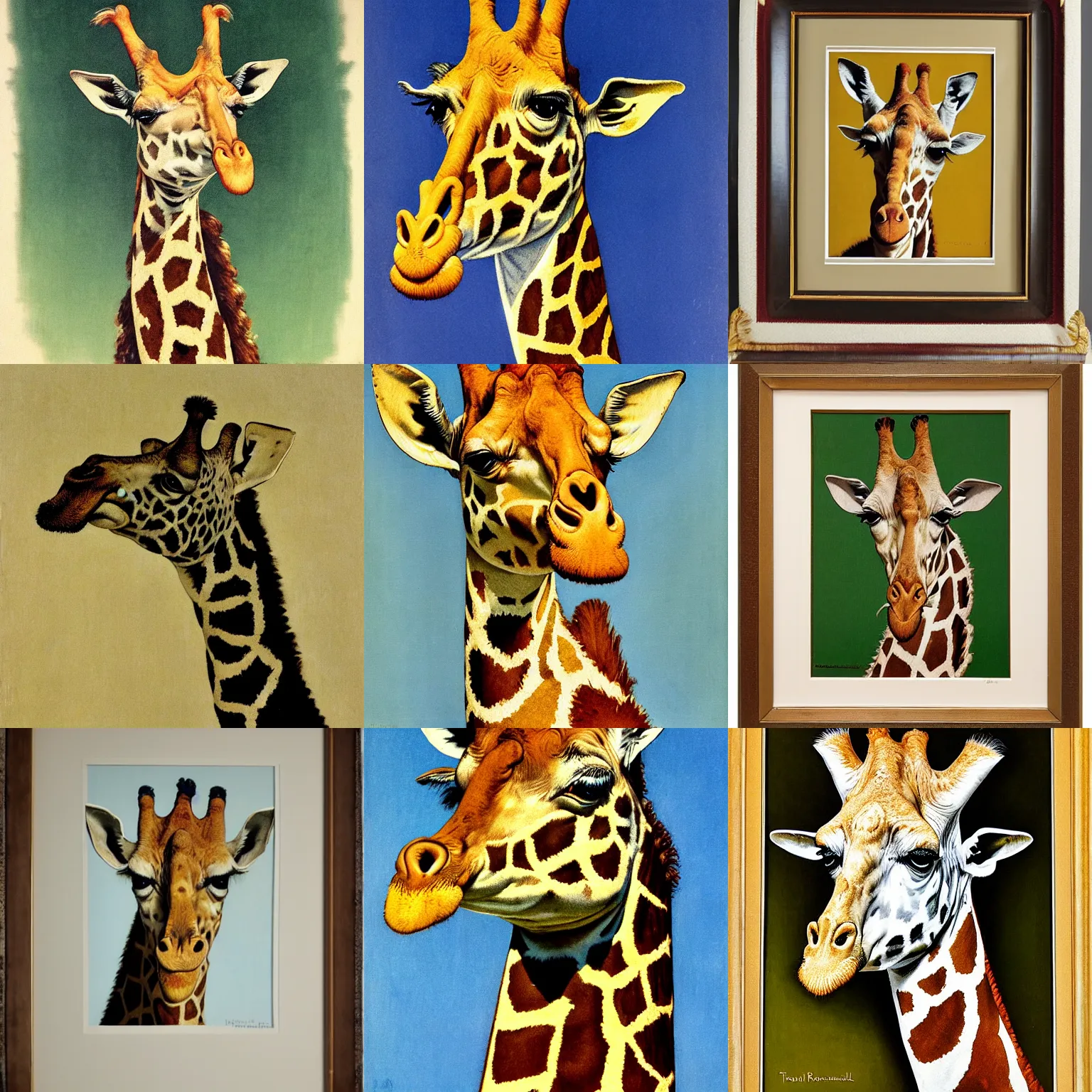 Prompt: Norman Rockwell portrait of a smiling giraffe that is snooty and french