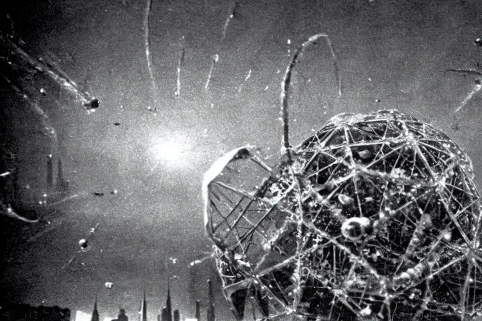 Image similar to still image taken from sci fi horror movie of a giant icosahedral phage attacking a city. low camera angle. 1 9 6 0.