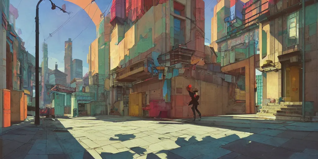 Image similar to neo brutralism, concrete housing, an archway, concept art, colorful, vivid colors, sunshine, light, shadows, reflections, oilpainting, cinematic, 3D, in the style of Akihiko Yoshida and Edward Hopper