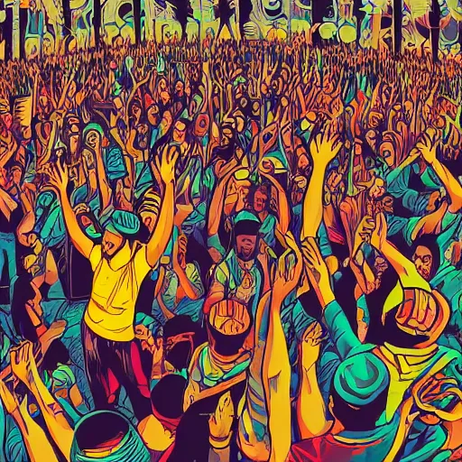 Prompt: dream a beautiful reggae music concert, raw, brass instrument, singer, tabla, guitar, battery, crowd, by james jean, by rossdraws, frank franzzeta, mcbess, yellow red green scheme color