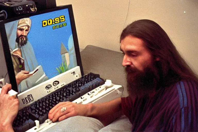 Image similar to a Photo made with a disposable camera of Jezus Christ playing a DOS game on his Personal Computer, in the year 1989