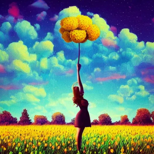 Image similar to giant flower afro, full body, girl standing in the middle of a field with flowers, surreal photography, hills, sunrise dramatic light, impressionist painting, colorful clouds, digital painting, pointillism, artstation, simon stalenhag