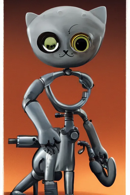 Image similar to a cute cat robot, painted by wally wood and matt jefferies, trending on artstation, steam punk, bright macro view pixar, award - winning, blueprint, big eyes, ( ( ( copper ) ) ) wire whiskers, chillwave, realism