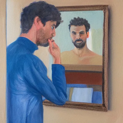 Prompt: painting of a man looking at his reflection