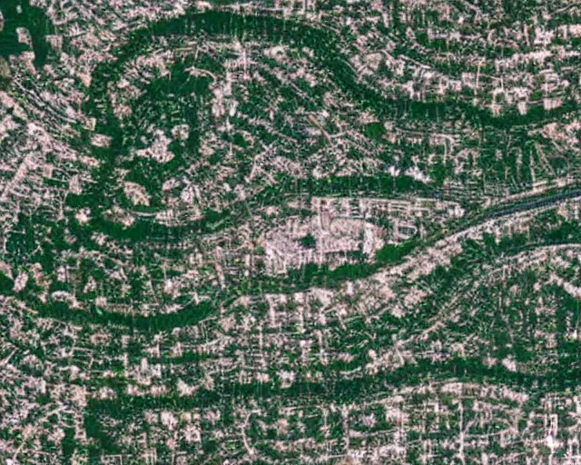 Prompt: satellite view of a town shaped like an alligator