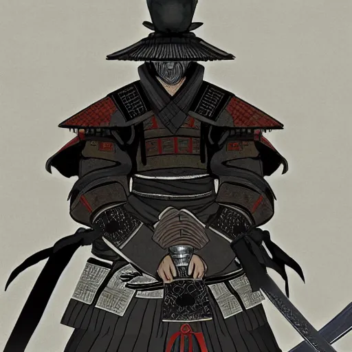 Prompt: japanese samurai boss inspired from dark souls 3, digital illustration, highly detailed art, 8k image quality