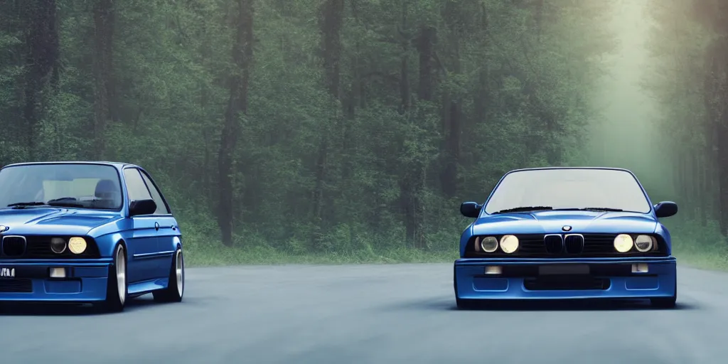 Prompt: car meet of bright dark blue BMW e30 drifting on a road going through the dark woods, octane render, cinematic, vibrant colors, hyper realism, depth of view 8k.