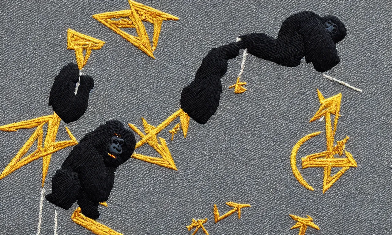 Prompt: a gorilla climbing a communications tower. breaking lighting bolts. round, circular embroidered us radar corps patch 8 k /