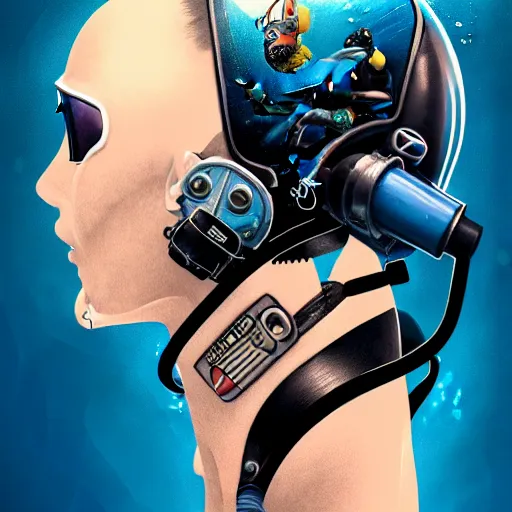 Image similar to a profile photo of a diver with diving helmet with tattoos on arm and neck, side profile in underwater, highly detailed, digital painting, artstation, sharp focus, illustration by Sandra Chevrier