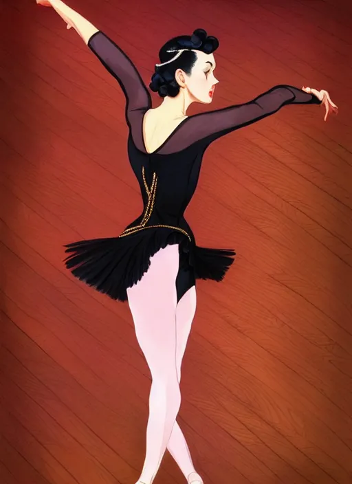 Image similar to a beautiful dancer with black hair in 1940's fashion, ballroom background, intricate, highly detailed, digital painting, artstation, official media, anime key visual, concept art, rich vivid colors, ambient lighting, sharp focus, illustration, art by Artgerm, Makoto Shinkai, Ilya Kuvshinov, Lois Van Baarle, and Rossdraws