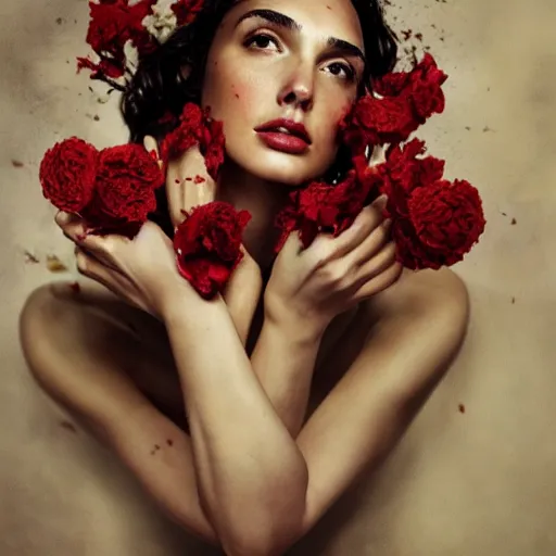 Prompt: full body fine art photo of the beauty gal gadot, she is covered with dried roses, taken by oleg oprisco