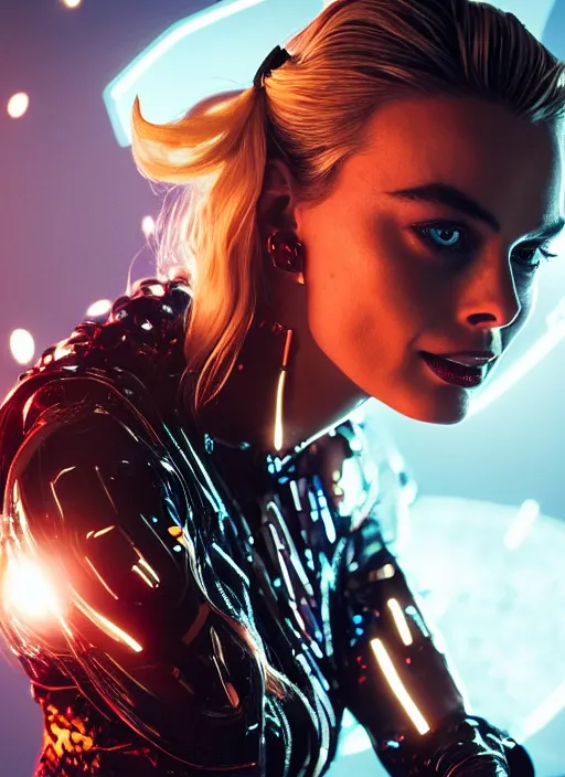 Prompt: beautiful Margot Robbie wearing a Cyberpunk outfit, accurate anatomy, abstract sun in background, shiny soft skin, soft lighting, sharp details, warm colors, full body portrait, 35 mm film, subsurface scattering, lens flare