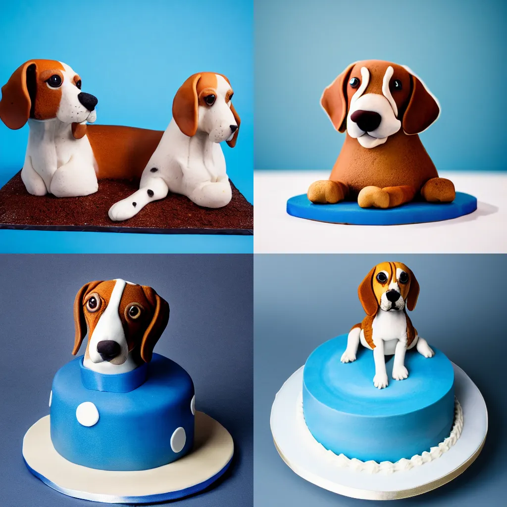 Prompt: a high quality photo of a cake in the shape of a beagle, studio lighting, blue backdrop. HD