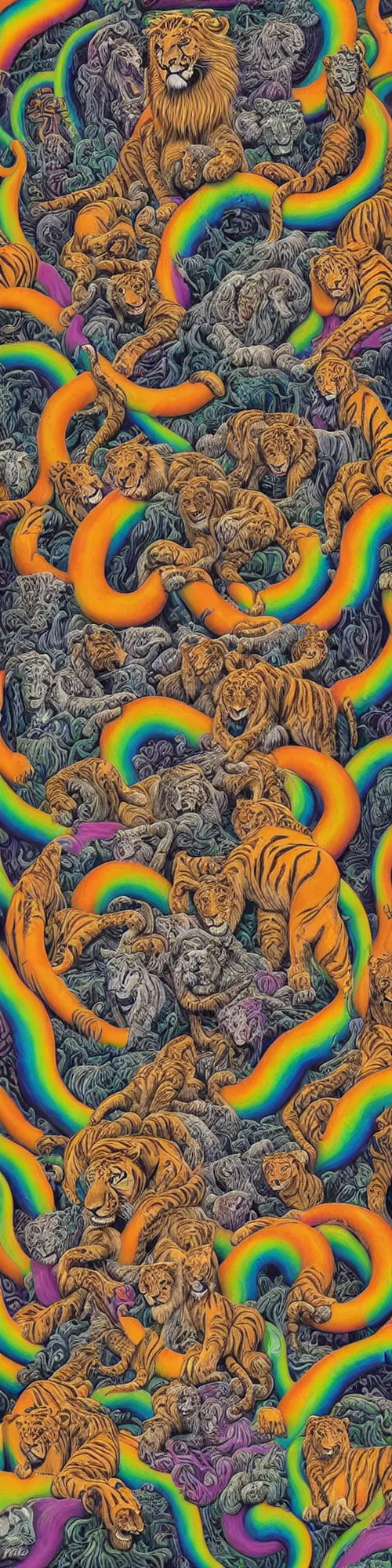 Prompt: lions and tiger and bears dissolving into melted liquid braids, cubensis, aztec, basil wolverton, r crumb, hr giger, mc escher, dali, muted but vibrant colors, rainbow tubing,