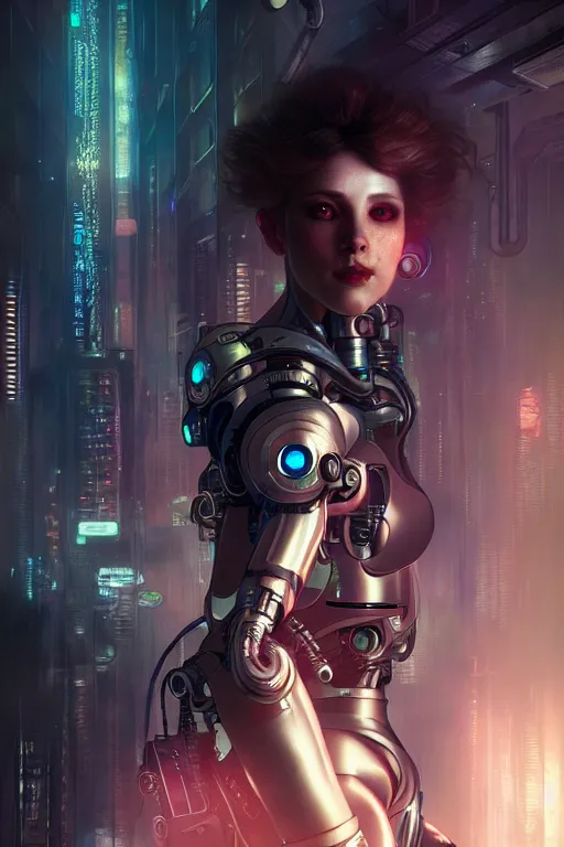 Image similar to ultra realistic, beautiful female cyborg in a crowded smoky cyberpunk club in space megalopolis, sci - fi, intricate details, eerie, highly detailed, octane render, 8 k, art by artgerm and alphonse mucha and greg rutkowski