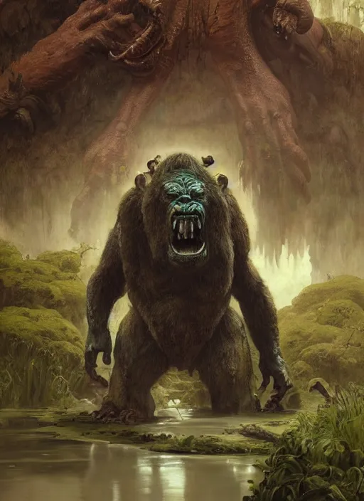 Prompt: huge hulking brute swamp demon king like silverback gorilla standing by river on alien planet at midday by sergey kolesov and lawrence alma tadema and norman rockwell and greg staples and craig mullins and john berkey and ruan jia, artstation creature art