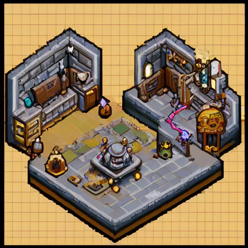 Prompt: isometric view of alchemist room in pixel art style steampunk, トット 絵 and pixel art, game character art. there is a cute and charming anime style chibi gray witch with a black cat and a big eyeball monster. hyper detailed painting, celeste and octopath traveler, inspired by trends on pixiv and artstation