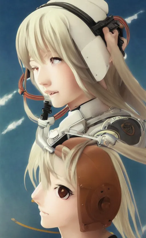 Image similar to zero pilot girl, anime style, oxygen mask long hair, hair down, symmetrical facial features, ww2 era, hyper realistic, pale skin, 4k, rule of thirds, extreme detail, detailed drawing, trending artstation, hd, konpeki no kantai, D&D, realistic lighting, by Alphonse Mucha, Greg Rutkowski, sharp focus, backlit, soldier clothing