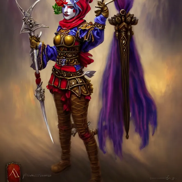 Prompt: beautiful jester warrior, highly detailed, 8 k, hdr, award - winning, trending on artstation, anne stokes