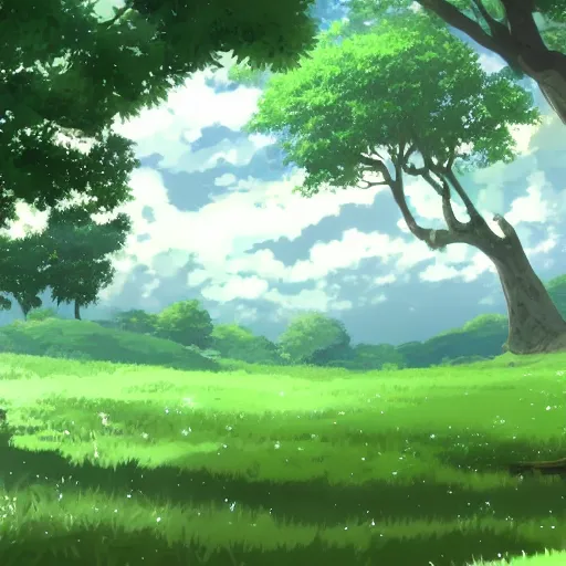 Image similar to big white whale flying near giant tree in the green field, anime, HD,