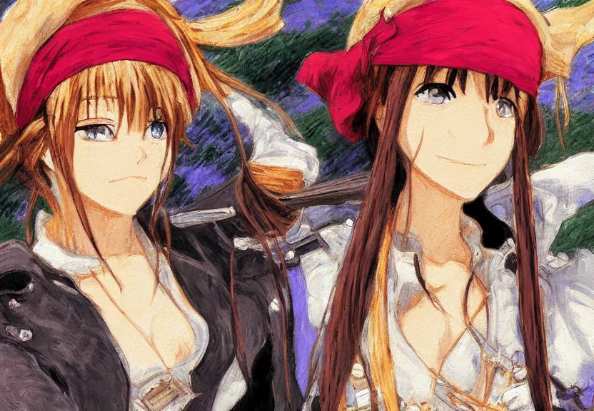 Image similar to wide angle close - up painting of a female pirate, a thrifty uniform, somewhat of an anime in impressionist style, trending artwork, illustrated in anime painter studio, by claude monet and an anime artist, collaboration