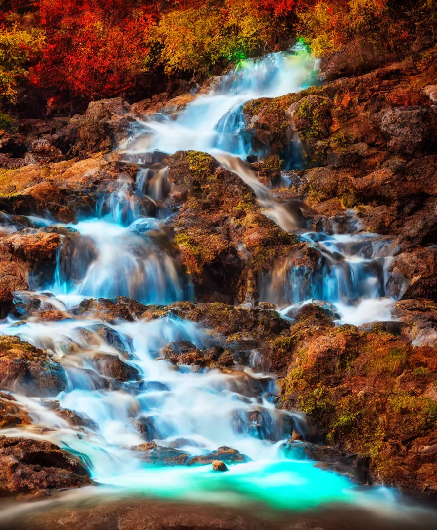 Prompt: a dslr hd picture of glowing colorful waterfall falling from mountains, at the time of sunset, highly detailed