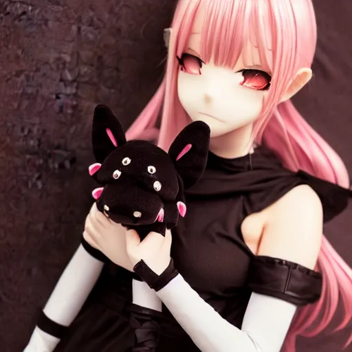 Image similar to cute fumo plush doge girl, floppy ears, gothic maiden, furry anime, vray, smile, sleeping