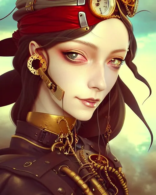 Image similar to a beautiful close up portrait 2D illustration of a young female steampunk pirate wearing leather armor on gold and red trimmings on green, by Charlie Bowater, tom bagshaw, Artgerm and Lois Van Baarle, beautiful anime face, very cool pose, pirate ship with an epic sky background, slightly smiling, cinematic anime lighting and composition, fantasy painting, very detailed, ornate, trending on artstation and pinterest, deviantart, google images