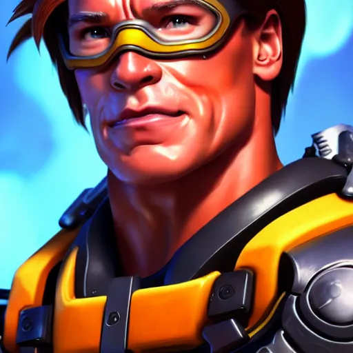 Image similar to a screenshot of arnold schwarzenegger as tracer in overwatch, portrait, fantasy, beautiful face, vivid colors, elegant, concept art, sharp focus, digital art, hyper - realistic, 4 k, unreal engine, highly detailed, hd, dramatic lighting by brom, trending on artstation