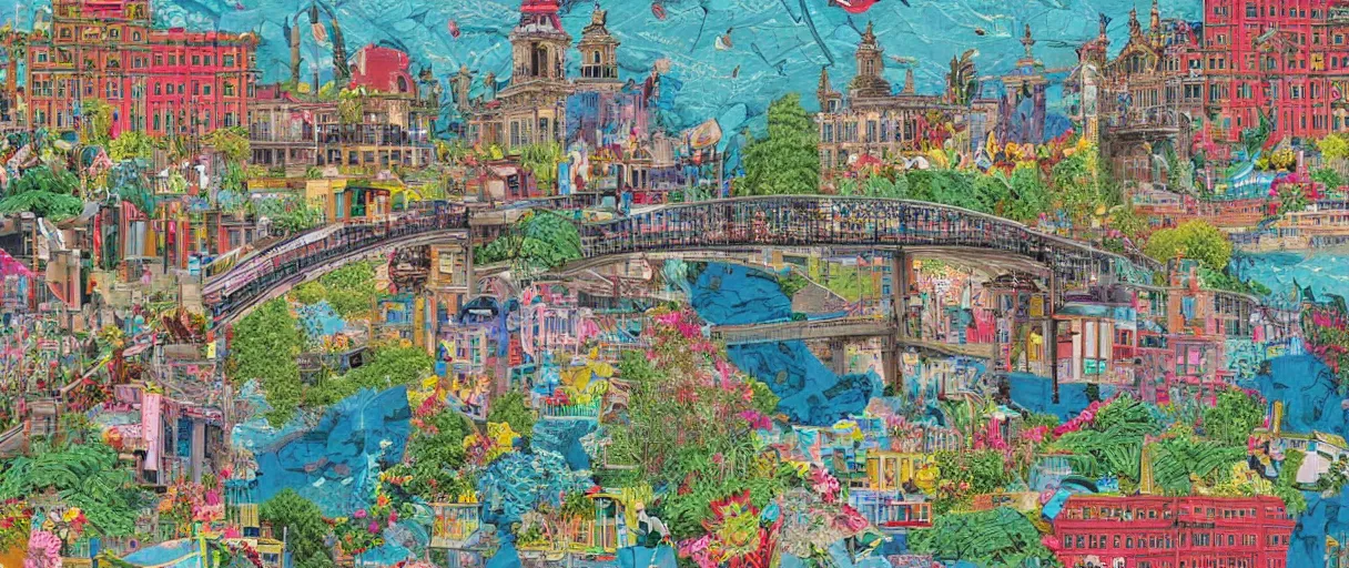 Prompt: a building along a river, seen from the long distance. people walking on a bridge. maximalist mixed paper collage, baroque embroidery fabric. childrenbook illustration in vibrant pastel tones. matte background. HD 8x