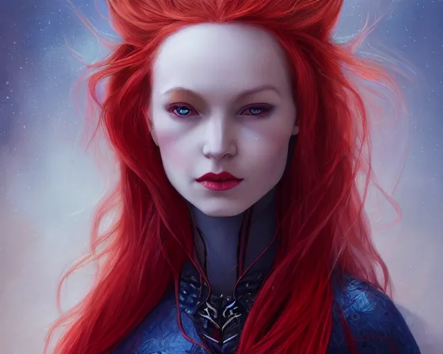 Image similar to A detailed matte oil on canvas head on symmetrical portrait of a distinguished elven woman with red and blue hair on an empty background, by Charlie bowater, Lise Deharme, Wlop, trending on artstationhd, dungeons and dragons art, parted hair , half blue, half red , split dye, critical role