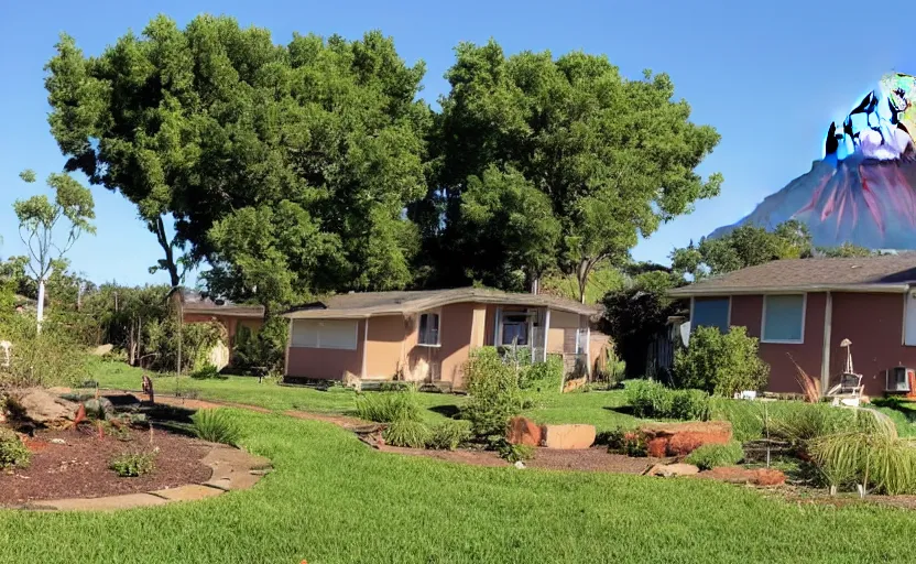 Image similar to suburban house and yard with small volcano erupting in the yard