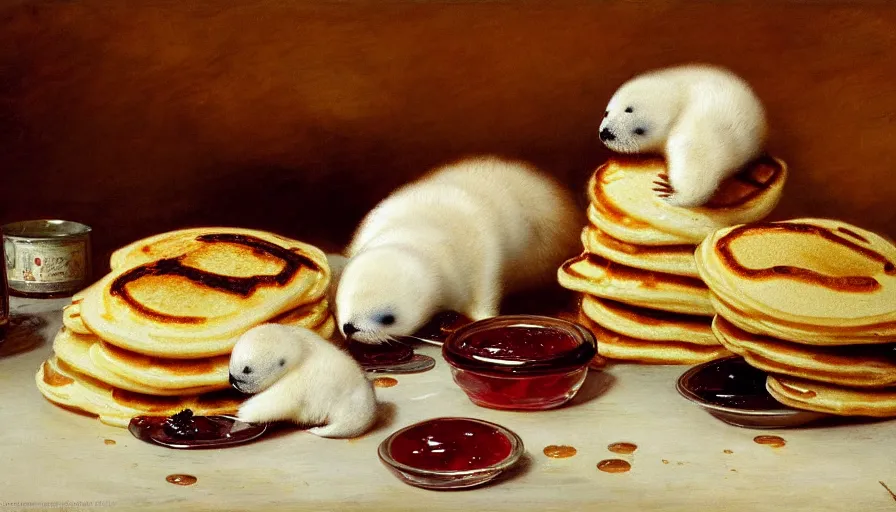 Image similar to highly detailed painting of cute furry white baby seals in a pile of jam pancakes on a table by william turner, by greg rutkowski, by william constable, thick brush strokes and visible paint layers, 4 k resolution