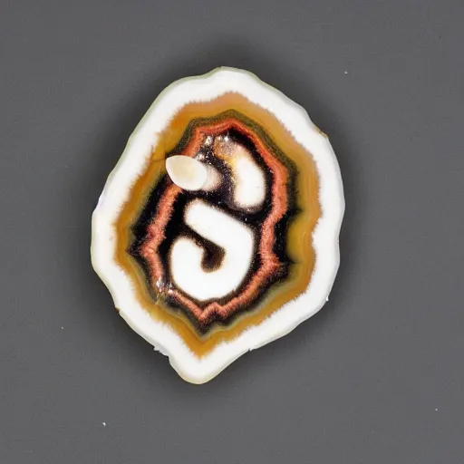 Image similar to a studio portrait of an agate with the letter s in the banding white background