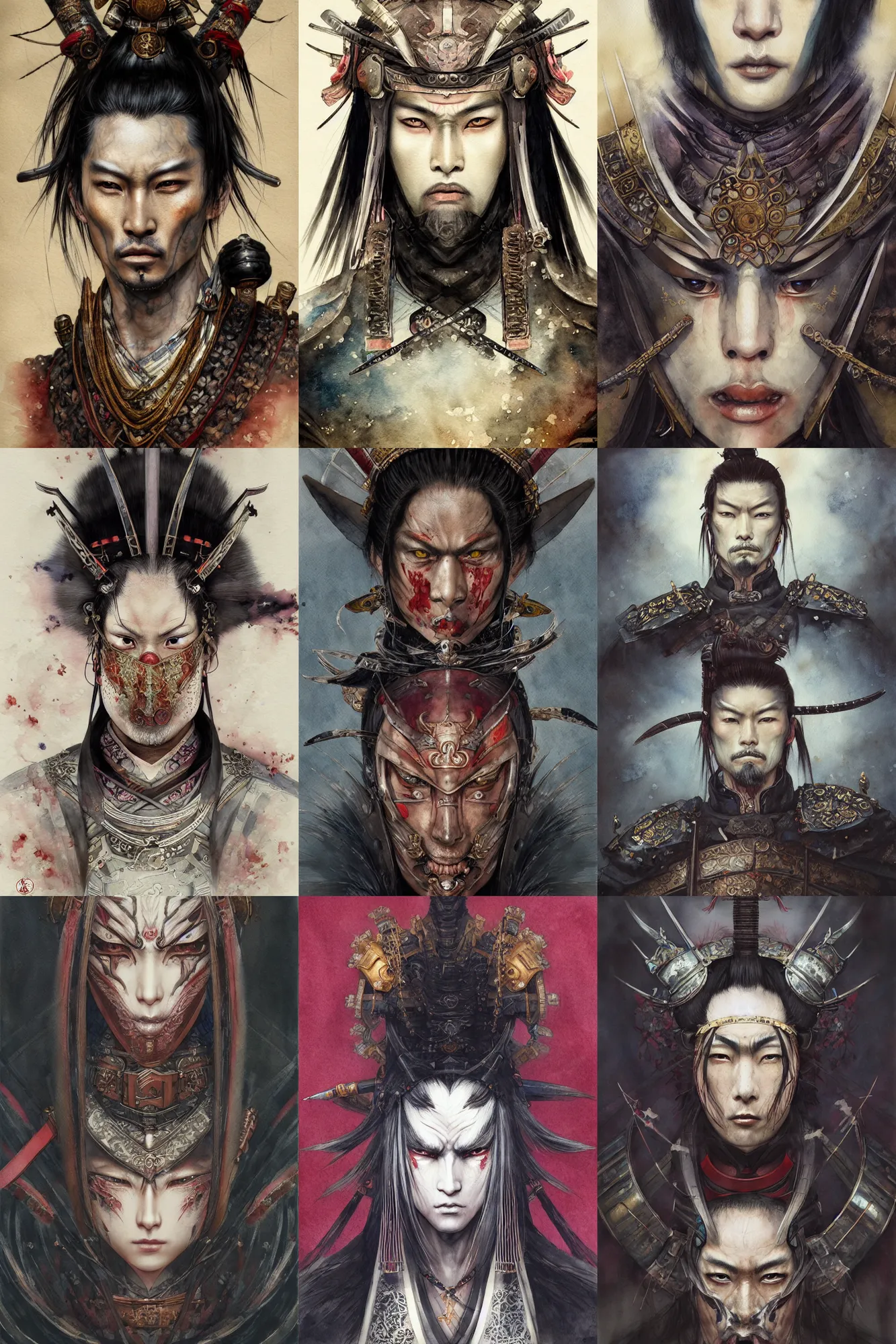 Prompt: watercolor painting of a japanese samurai warrior in the style of dark - fantasy painted by yoshitaka amano, tom bagshaw, ayami kojima, dmt art, symmetrical vogue face portrait, intricate detail, artstation, cgsociety, artgerm, rococo