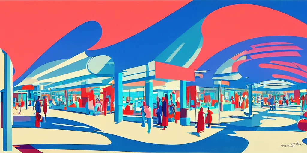 Prompt: modern mall, gouache, animated film, stylised, illustration, by eyvind earle, scott wills, genndy tartakovski, syd mead