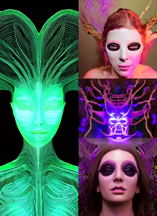 Image similar to 3 d goddess medium half - turn shot portrait with hyperdimensional mycorrhizal implants. beautiful intricately detailed avante garde leaf - vein mask and synthwave sorceress outfit. glowing bio luminescent, water, pulse projections, plasm creature, artwork by tooth wu and wlop and android jones and beetle and greg rutkowsk