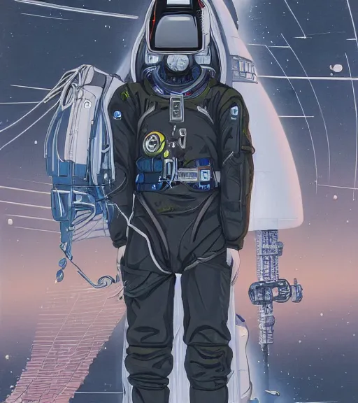 Image similar to cyberpunk japanese man with long limbs and a black spacesuit on a spacewalk outside of their ship, techwear, Industrial Scifi, detailed illustration, character portrait, by Martin Grip and Moebius