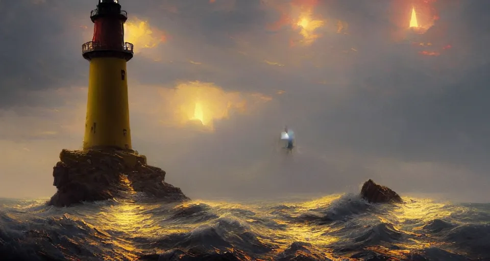 Prompt: a beautiful paining of a singular lighthouse, shining it's light across a tumultuous sea of blood by greg rutkowski and thomas kinkade, trending on artstation. yellow colour scheme