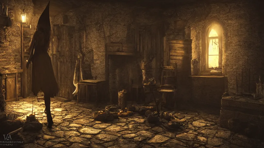 Image similar to A witch in the shadows of a dark decrepit medieval cottage at night, highly detailed interior, hyperrealistic, V-Ray render, 8k UHD