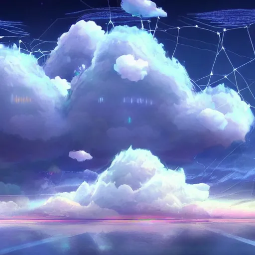 Image similar to this is a beautiful surreal scenery artwork from pixiv. it includes gigantic living inside network of cloud computing material, cloud buildings with internal computer infinites. god lighting, rays, sublimely cold color palette. insanely detailed, artstation!! pixiv!! infinitely detailed