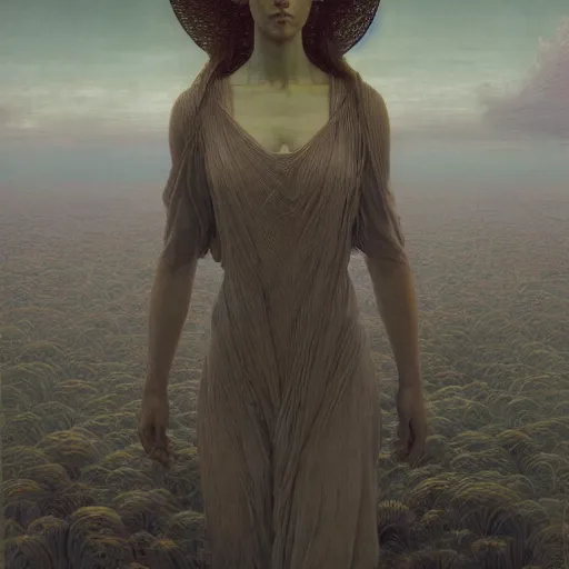 Prompt: Woman masterpiece, golden halo around the head, by Edgar Maxence and Ross Tran, Zdzisław Beksiński, and Michael Whelan, distant, gustav dore, H.R. Giger, 8k, octane render