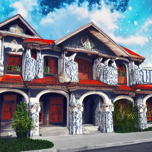 Prompt: contemporary architecture decorated with many slavic ornaments, illustration, hyper realistic, 4 k