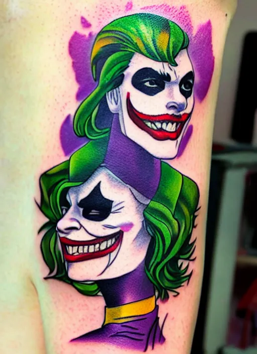 Prompt: a tattoo design of a joker girl holding an ace, hyper realistic